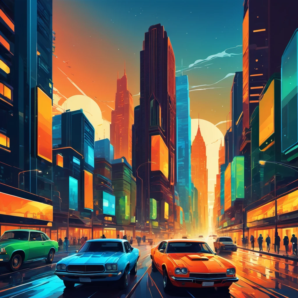 (best quality, highres, ultra sharp), magical ,Vector art of a bustling cityscape at night, high level of detail, vibrant colors, modern style, 4k resolution, dynamic lighting effects, vector art style, art tupu, 70's, 3d crunch, realistic feeling, terrorific scene, people running, panic, cars, buses, dark tones of orange , blue gray, brown, green, yellow, white, and black, vectored city,