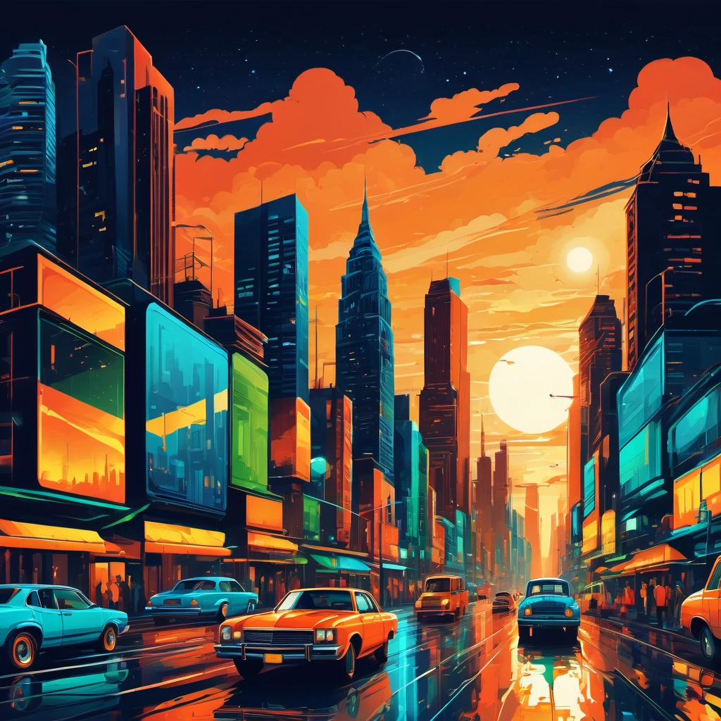 (best quality, highres, ultra sharp), magical ,Vector art of a bustling cityscape at night, high level of detail, vibrant colors, modern style, 4k resolution, dynamic lighting effects, vector art style, art tupu, 70's, 3d crunch, realistic feeling, terrorific scene, people running, panic, cars, buses, dark tones of orange , blue gray, brown, green, yellow, white, and black, vectored city,