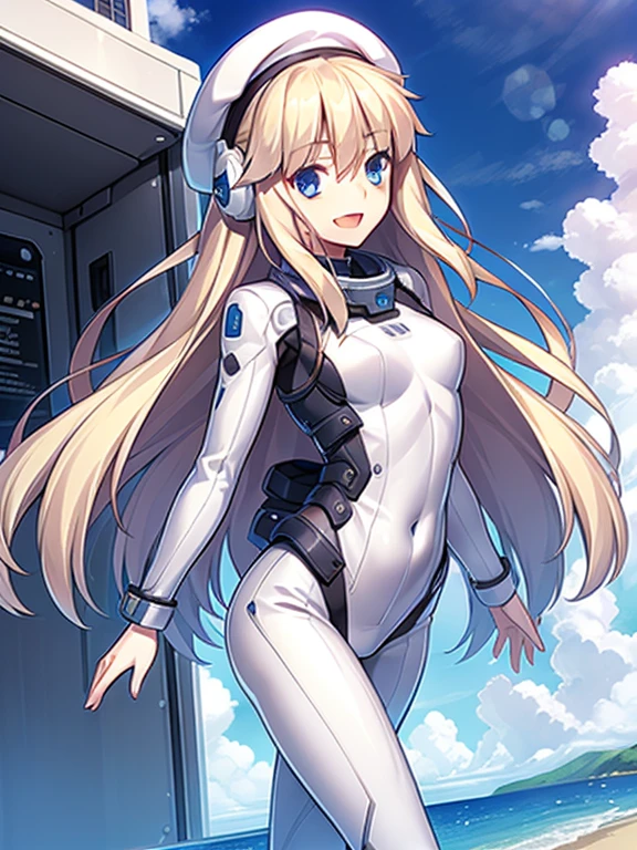 1 girl, alone, chest, looking at the viewer, blush, smile, long hair, bangs, large chest, blonde long hair, long sleeve, blue eyes, headphone,beret,:d, body suit, b space, white body suit, blue sky,Ocean,summer,Wind:1.3,, space suit break 