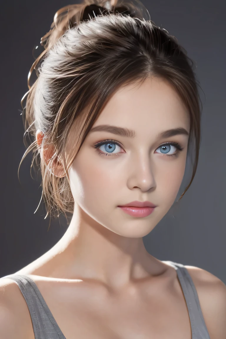 Tight grey top:1.2, looking at the audience, Cinema lighting, perfect, soft light, High resolution skin:1.2, Realistic skin texture, 18 years old、a small face、No makeup,Off the shoulders,Bust C cup、blue eyes, bun, dark brown hair、Completely naked、gray background、grey bra,