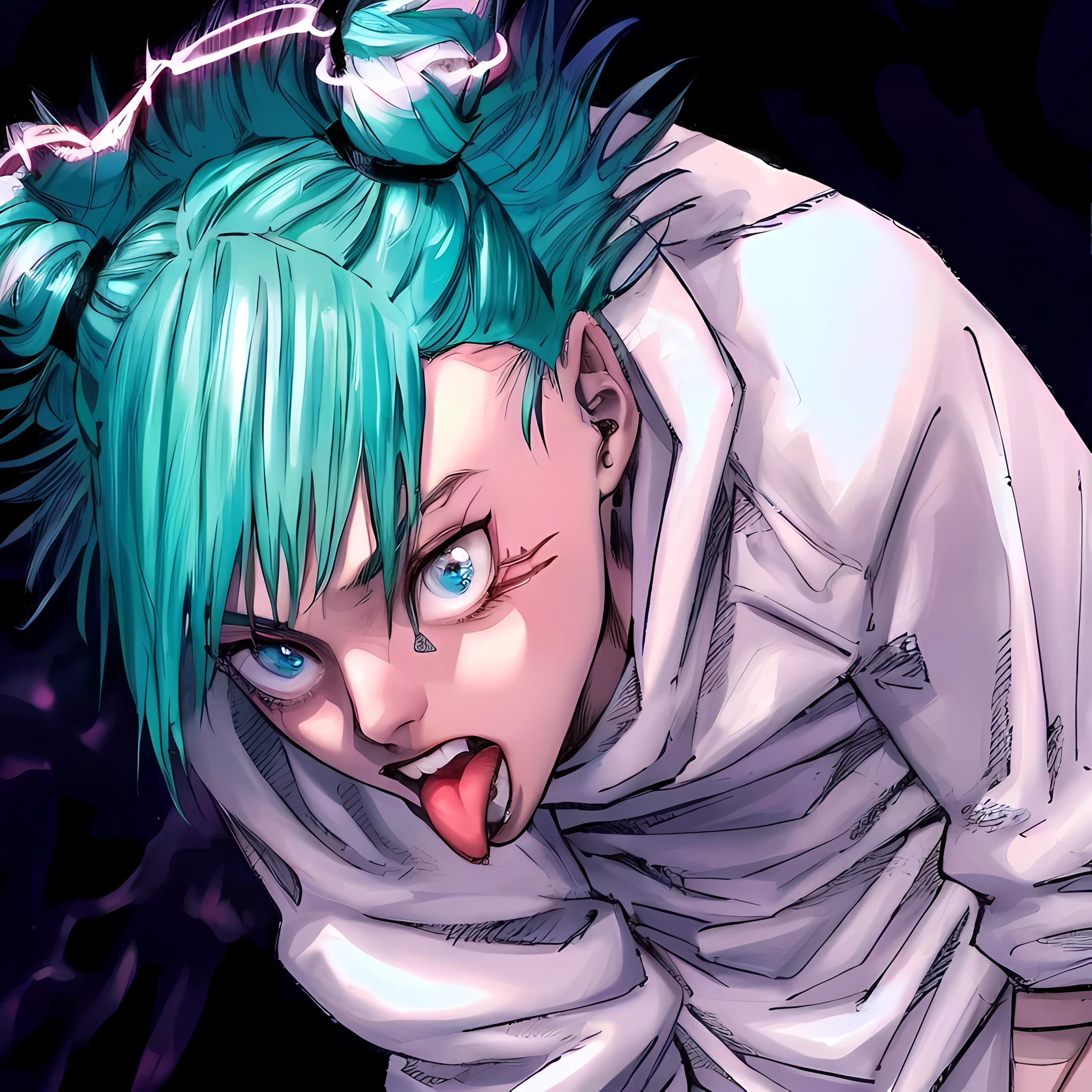 (best quality,4k,8k,highres,masterpiece:1.2), ultra-detailed, (realistic,photorealistic,photo-realistic:1.37), portraits, pale skin, intense eyes, detailed lips, dark grey hair with cyan gradient, Demon, in night, amarelos com azul, tongue out, cabelo espetado.