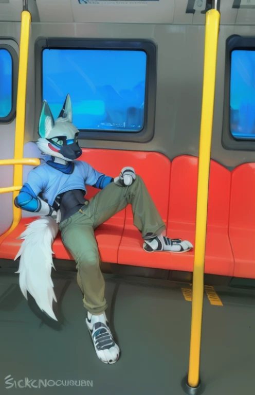 Furred dragon, male, only wearing black and blue thigh highs, naked, travelling in a train, sitting, by bebebebebe, femboy, wide hips, small waist, balls, flaccid large penis, big foreskin, cute, invited sex, up one leg, chilling pose, streaching, eyes closed