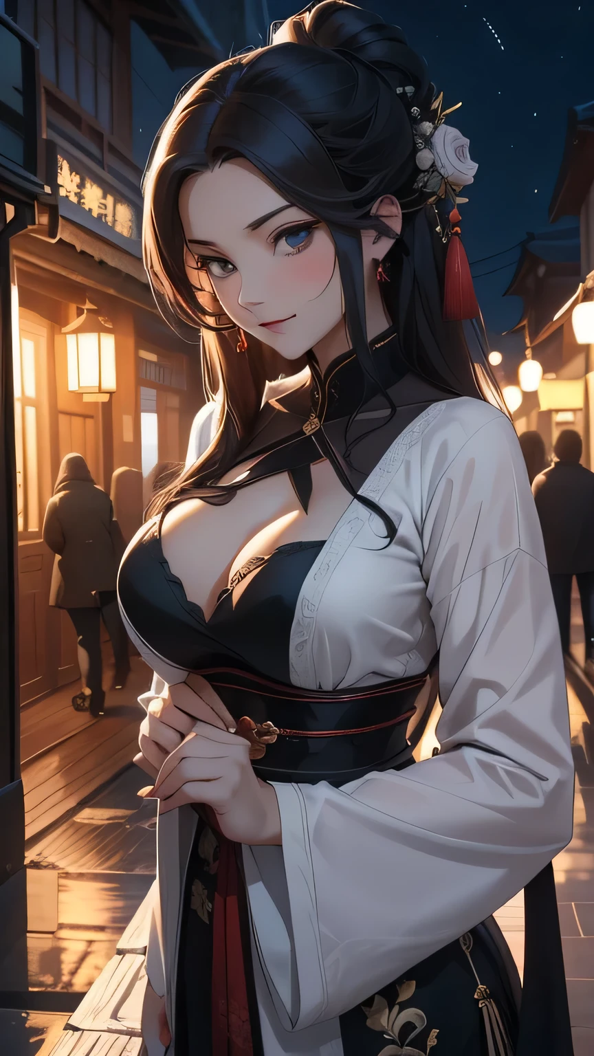 The face is real、Emphasis on the neckline(((One beautiful woman))), (((I))), table, Best quality, anime, Esbian full body, big breasts, floral yukata, Kyoto, city with hot springs, (((night))), smile, floor depthI,