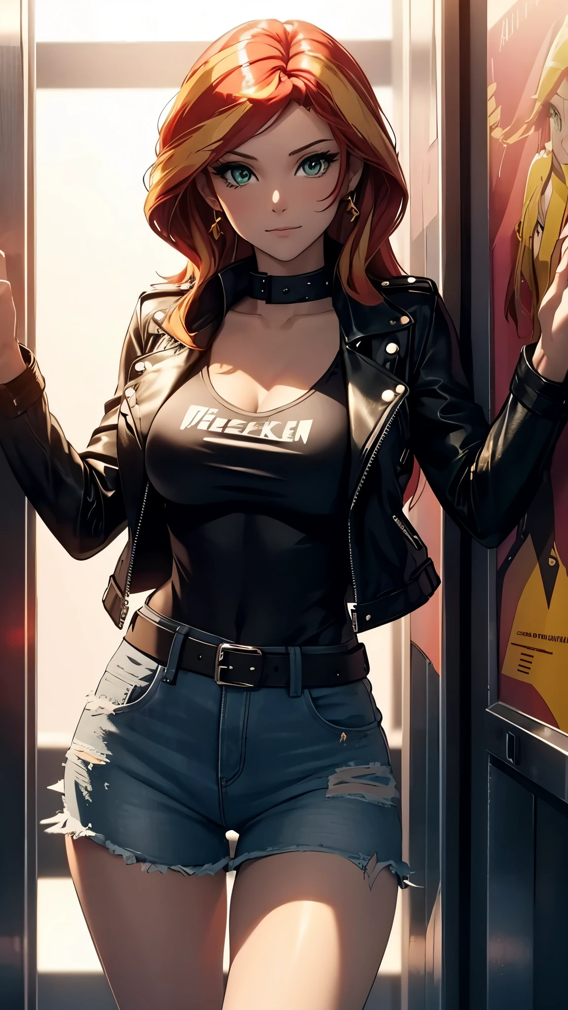 Sunset shimmer inside an elevator, seductive look, tight shirt, leather jacket, denim skirt, sexy, enclosed