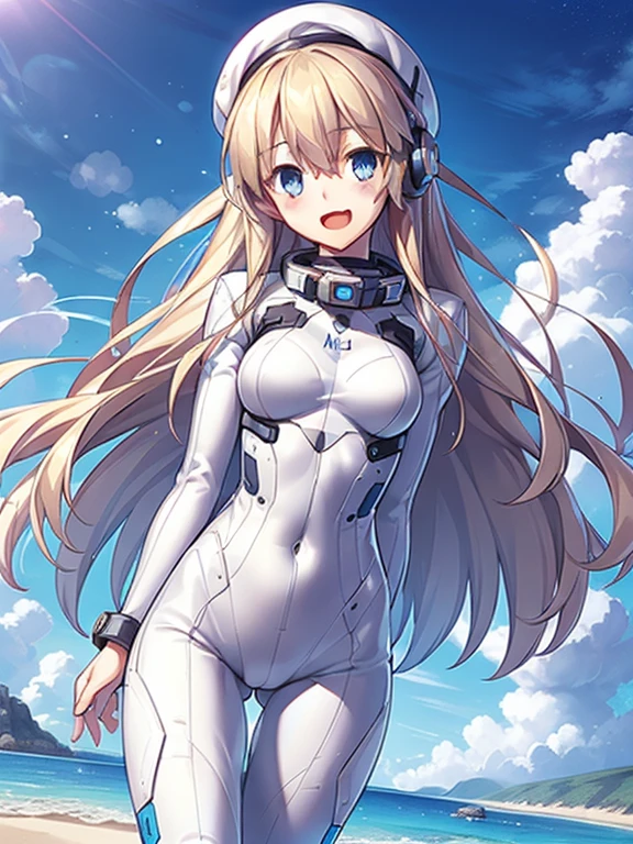 1 girl, alone, chest, looking at the viewer, blush, smile, long hair, bangs, large chest, blonde long hair, long sleeve, blue eyes, headphone,beret,:d, body suit, b space, white body suit, blue sky,Ocean,summer,Wind:1.3,, space suit break 