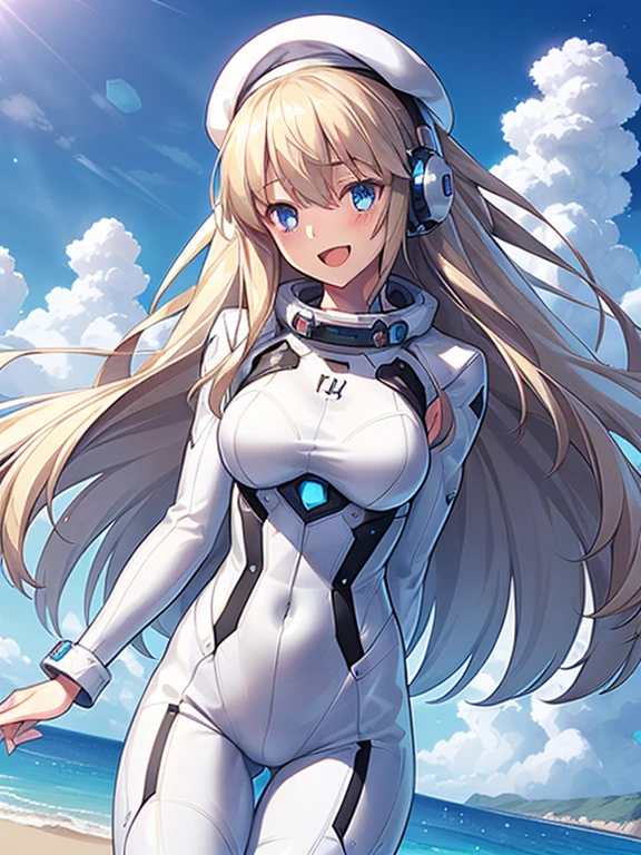 1 girl, alone, chest, looking at the viewer, blush, smile, long hair, bangs, large chest, blonde long hair, long sleeve, blue eyes, headphone,beret,:d, body suit, b space, white body suit, blue sky,Ocean,summer,Wind:1.3,, space suit break