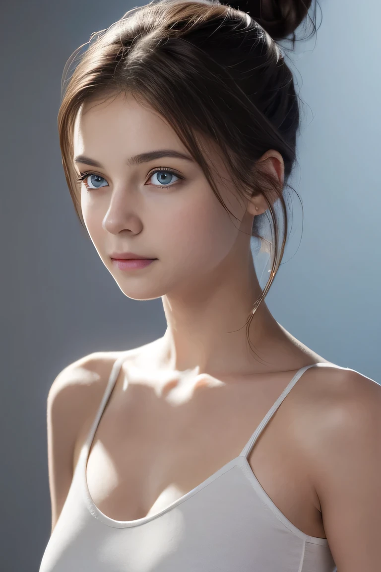 Tight white top:1.2, looking at the audience, Cinema lighting, perfect, soft light, High resolution skin:1.2, Realistic skin texture, 18 years old、a small face、No makeup，Off the shoulders，Bust C cup、blue eyes, bun, dark brown hair、Completely naked、gray background、