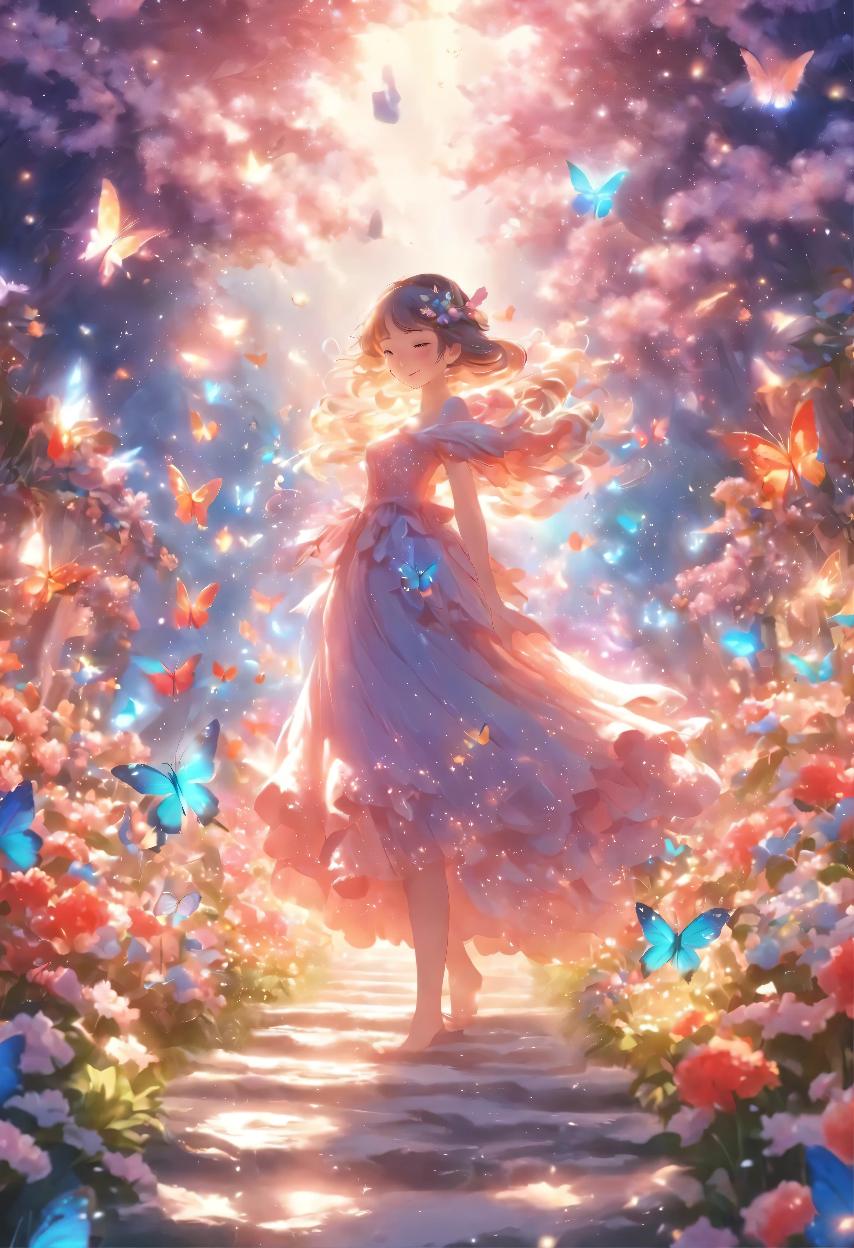 title: 「winter flower garden」
explanation: This 8K raw photo、Flowers covered with snow in midwinter々It depicts a winding path through a blooming hill.。An anime girl wearing a fairy dress is climbing up the path.、Butterflies are flying around。winter garden is covered with snow、But colorful flowers々is in full bloom、The sight of dancing butterflies is spreading。The sunlight is shining、A bright scene surrounds the whole。
Features: This work、High contrast and vivid colors are its features.、Painted with super detailed details。each flower and butterfly、And the details of the fairy's dress are beautifully expressed down to the last detail.。This digital art is full of life、Bringing smiles and warm feelings to viewers。
In the background, a completely white snowy landscape spreads out.、It depicts a magnificent composition and magnificent proportions.。Rainbow-colored light shines brightly、A silver vapor guardian nebula and a family of corrosive envelope rays decorate the sky.。
This work expresses the worldview of high fantasy、There is a slimy feeling in the air.。Inviting the viewer to the winter flower garden、We offer a heart-warming experience with beautiful scenery.。