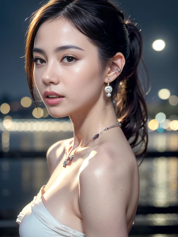 from side, hip up,((addielyn)), side pose, Random posture, night time, (An extremely delicate and beautiful work), (masterpiece), 1girl, streetwear, highly detailed, ponytail contorted, charming expression, beautiful and clear eyes, blue eye pupil, delicate pearl necklace, delicate earrings, simple blurred background, extreme detail description, beautiful, charming, ultra-fine painting, delicate face, delicate figure, Fine collarbones, lovely lips, soft behind, mix4,(8k, RAW photo, best quality, masterpiece:1.2), (realistic, photo-realistic:1.37),1girl,cute,cityscape, night, rain, wet, professional lighting, photon mapping, radiosity, physically-based rendering, above waist,