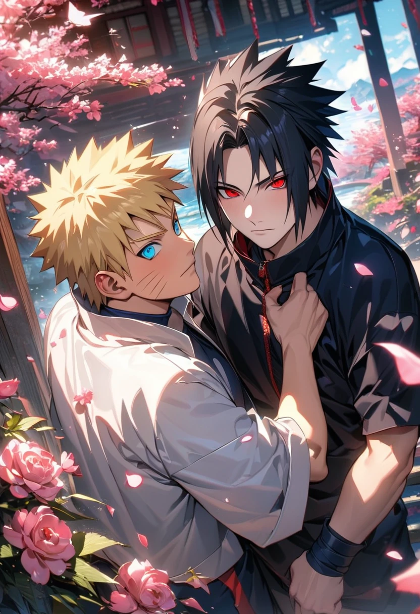 (absurdres, highres, ultra detailed, HDR), master piece, best quality, Uchiha Sasuke, black hair, vibrant red eyes, Naruto Shippuden, Uzumaki Naruto, blond hair, vibrant turquoise eyes, 2men together, gay, handsome, pink flowers, pink butterflies, pink petals