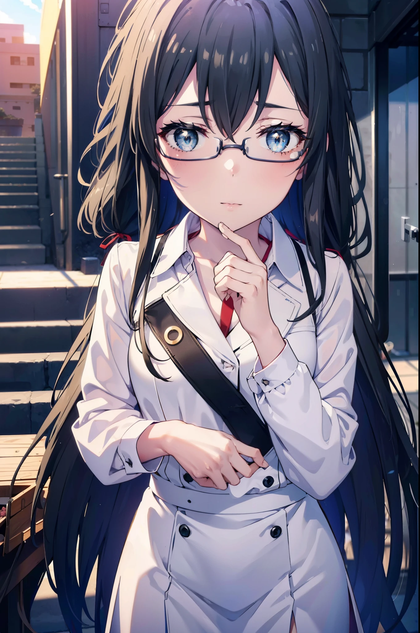 yukinoyukinoshita, yukino yukinoshita, black hair, blue eyes, long hair,hair tied back, Ahoge,OL, happy smile, smile, open your mouth,red glasses, end, black suit jacket, collared jacket, white dress shirt, collared shirt, neckline, button, strap, ID card on neck, black pencil skirt, black pantyhose,stiletto heels,morning,morning日,the sun is rising,So that the whole body goes into the illustration,
break outdoors, In town,building street,
break looking at viewer, (cowboy shot:1.5),
break (masterpiece:1.2), highest quality, High resolution, unity 8k wallpaper, (figure:0.8), (detailed and beautiful eyes:1.6), highly detailed face, perfect lighting, Very detailed CG, (perfect hands, perfect anatomy),