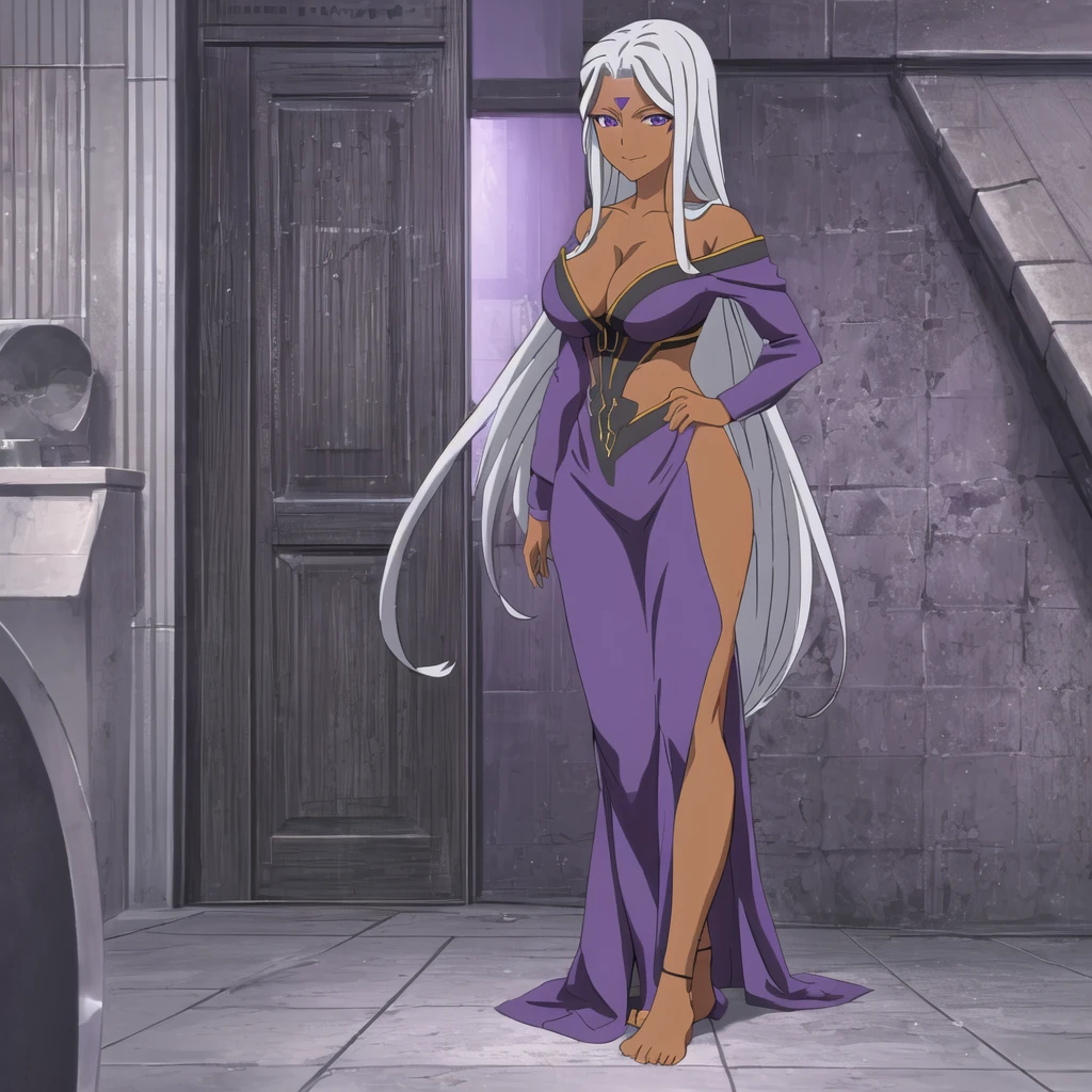 Urd, 1girl, solo, dark skin, purple color eyes, cleavage, smile, standing, full body, perfect quality, good quality, masterpiece, HDR, UHD