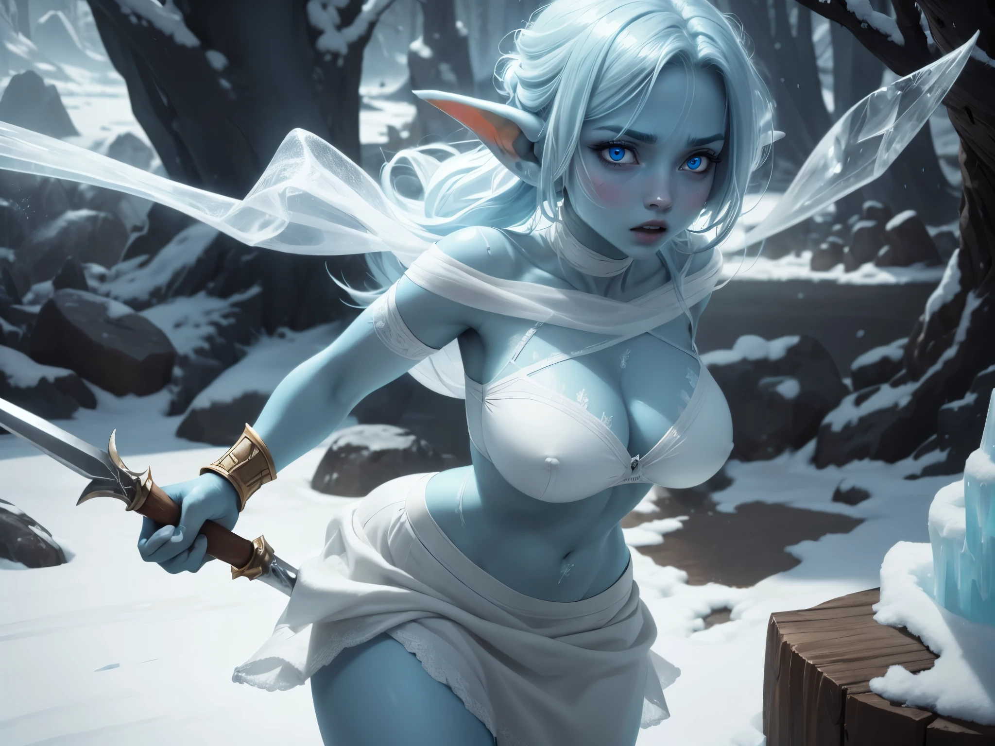 ((best quality)), ((masterpiece)), (detailed), 4k, tiny blue feral goblin girl, blue skin, blue eyes, white hair, covered in frost, snow cave, delicate, beautiful, tiny breasts, blue all over, long finger claws, sharp teeth, covered in ice, dynamic pose, fingers claws visible, baring claws, wearing sheer white cape and sheer white skirt, intricate white bra, visible midriff, ethereal, small breasts, scared of you, cinematic still, indirect lighting, low light, action pose, holding icicle as weapon