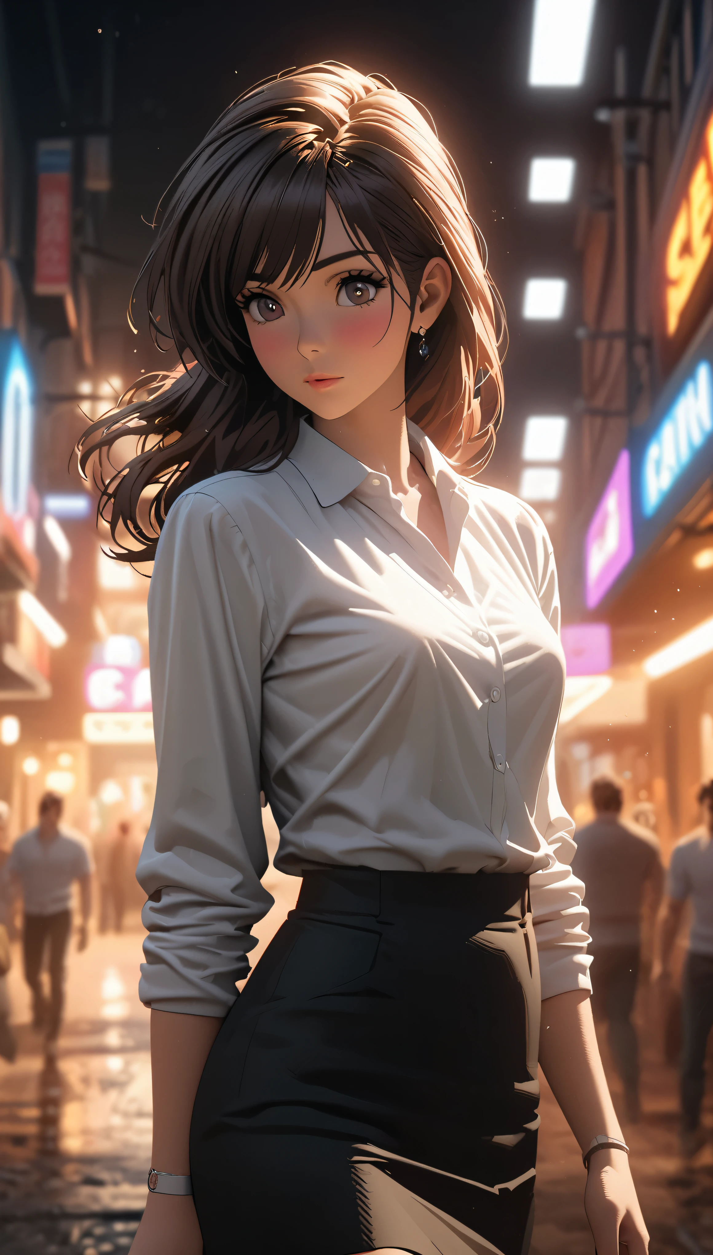Style de chasseur de ville comique,Beautiful 25 year old secretary,chemise blanche,jupe noire,colored,Le dessinateur japonais Tsukasa Hojo'le style,profondeur de champ,Moteur de rendu OC,Cinema lighting,super bien,super detailed,complexe,cinematic perspective,art cg,