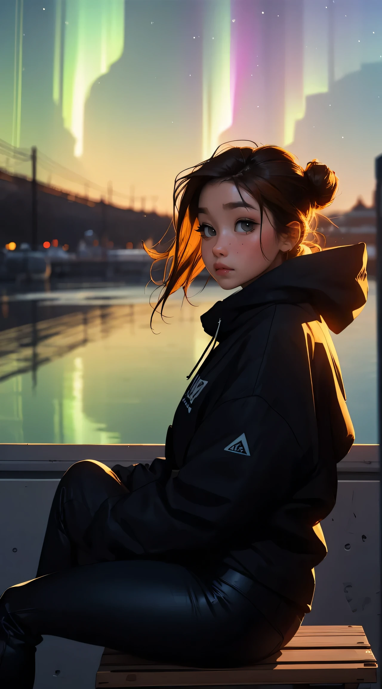 score_9, score_8_up, score_8, 1girl, hazel eyes, small face freckles,sexy girl, curvy body, big bearts, big ass, golden brown hair, bun hair style, black hoodie, black pants, sitting down, Northern lights environment, cold weather