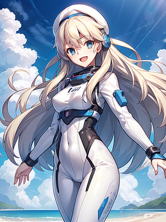 1 girl, alone, , looking at the viewer, blush, smile, long hair, bangs, large , blonde long hair, long sleeve, blue eyes, headphone,beret,:d, body suit, b space, white body suit, blue sky,Ocean,summer,Wind:1.3,, space suit break 