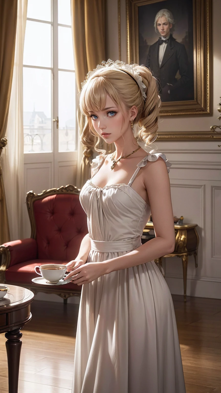 ((最high quality, 8K, masterpiece: 1.3, Ultra HD, high quality, 最high quality, High resolution, realism)) 、Marie Antoinette、Inside the Palace of Versailles in France、Enjoy tea time in a luxurious room