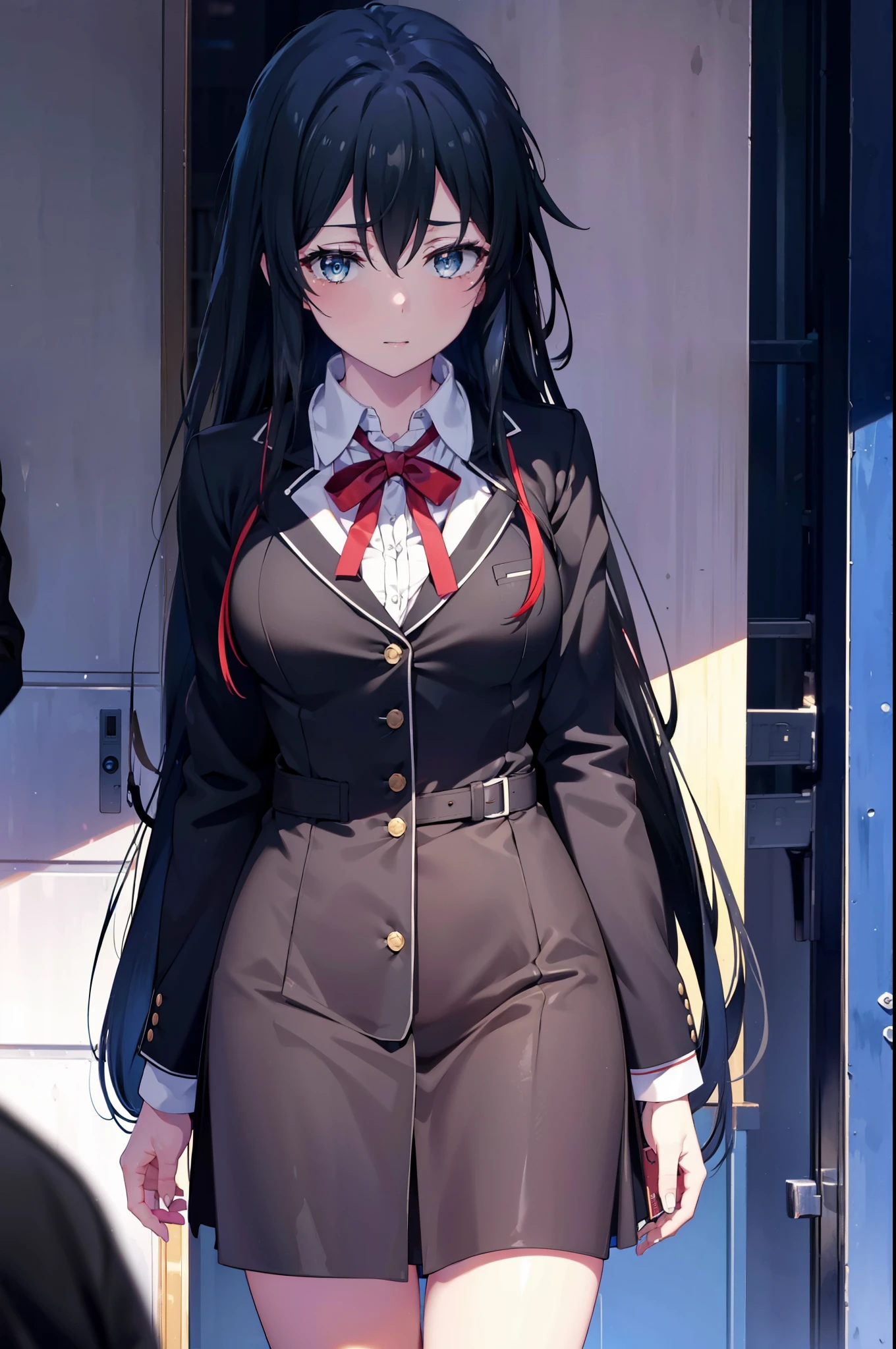 yukinoyukinoshita, yukino yukinoshita, black hair, blue eyes, long hair,hair tied back, Ahoge,OL, happy smile, smile, open your mouth,red glasses, end, black suit jacket, collared jacket, white dress shirt, collared shirt, neckline, button, strap, ID card on neck, black pencil skirt, black pantyhose,stiletto heels,morning,morning日,the sun is rising,So that the whole body goes into the illustration,
break outdoors, In town,building street,
break looking at viewer, (cowboy shot:1.5),
break (masterpiece:1.2), highest quality, High resolution, unity 8k wallpaper, (figure:0.8), (detailed and beautiful eyes:1.6), highly detailed face, perfect lighting, Very detailed CG, (perfect hands, perfect anatomy),