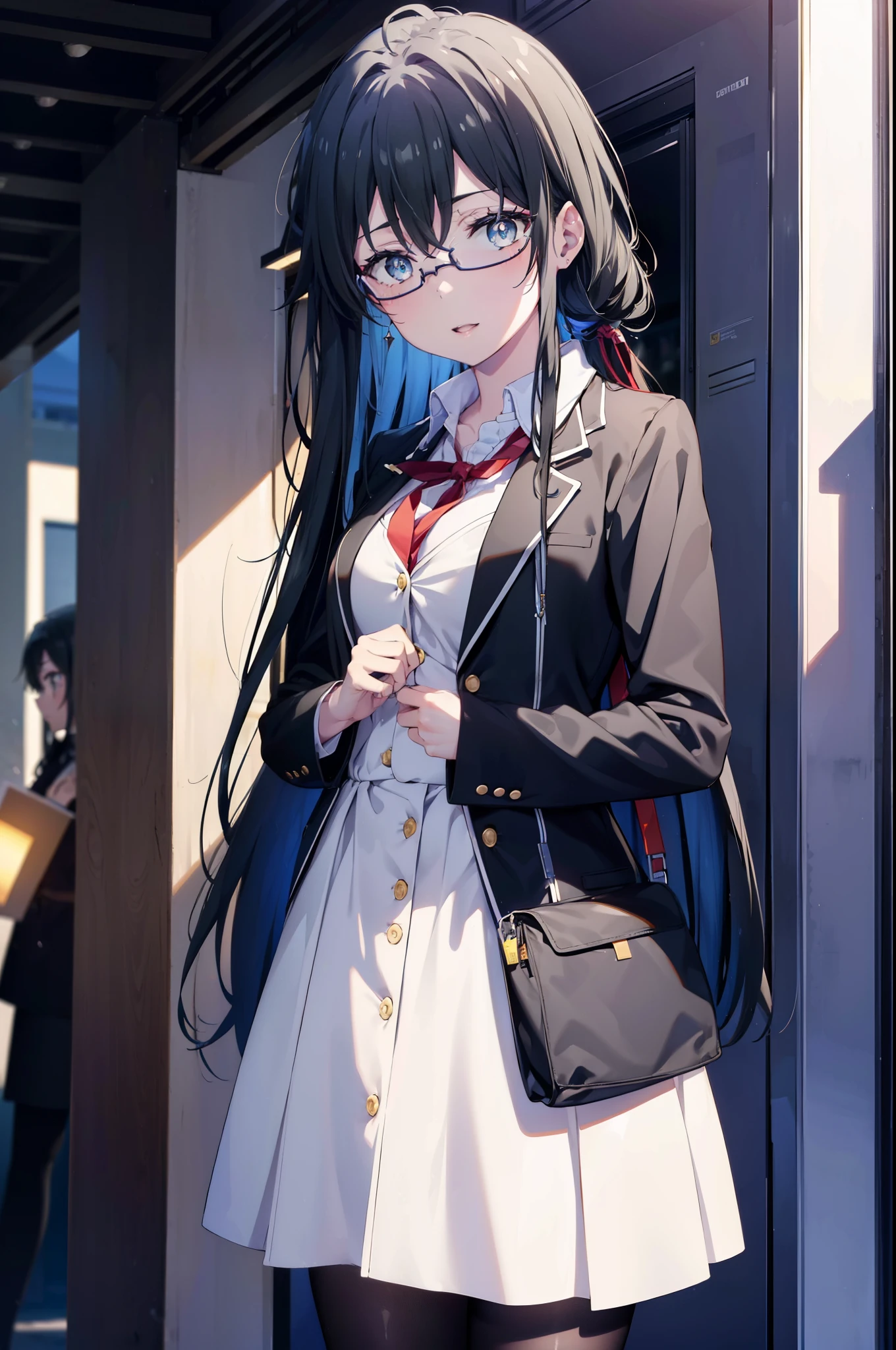 yukinoyukinoshita, yukino yukinoshita, black hair, blue eyes, long hair,hair tied back, Ahoge,OL, happy smile, smile, open your mouth,red glasses, end, black suit jacket, collared jacket, white dress shirt, collared shirt, neckline, button, strap, ID card on neck, black pencil skirt, black pantyhose,stiletto heels,morning,morning日,the sun is rising,So that the whole body goes into the illustration,
break outdoors, In town,building street,
break looking at viewer, (cowboy shot:1.5),
break (masterpiece:1.2), highest quality, High resolution, unity 8k wallpaper, (figure:0.8), (detailed and beautiful eyes:1.6), highly detailed face, perfect lighting, Very detailed CG, (perfect hands, perfect anatomy),