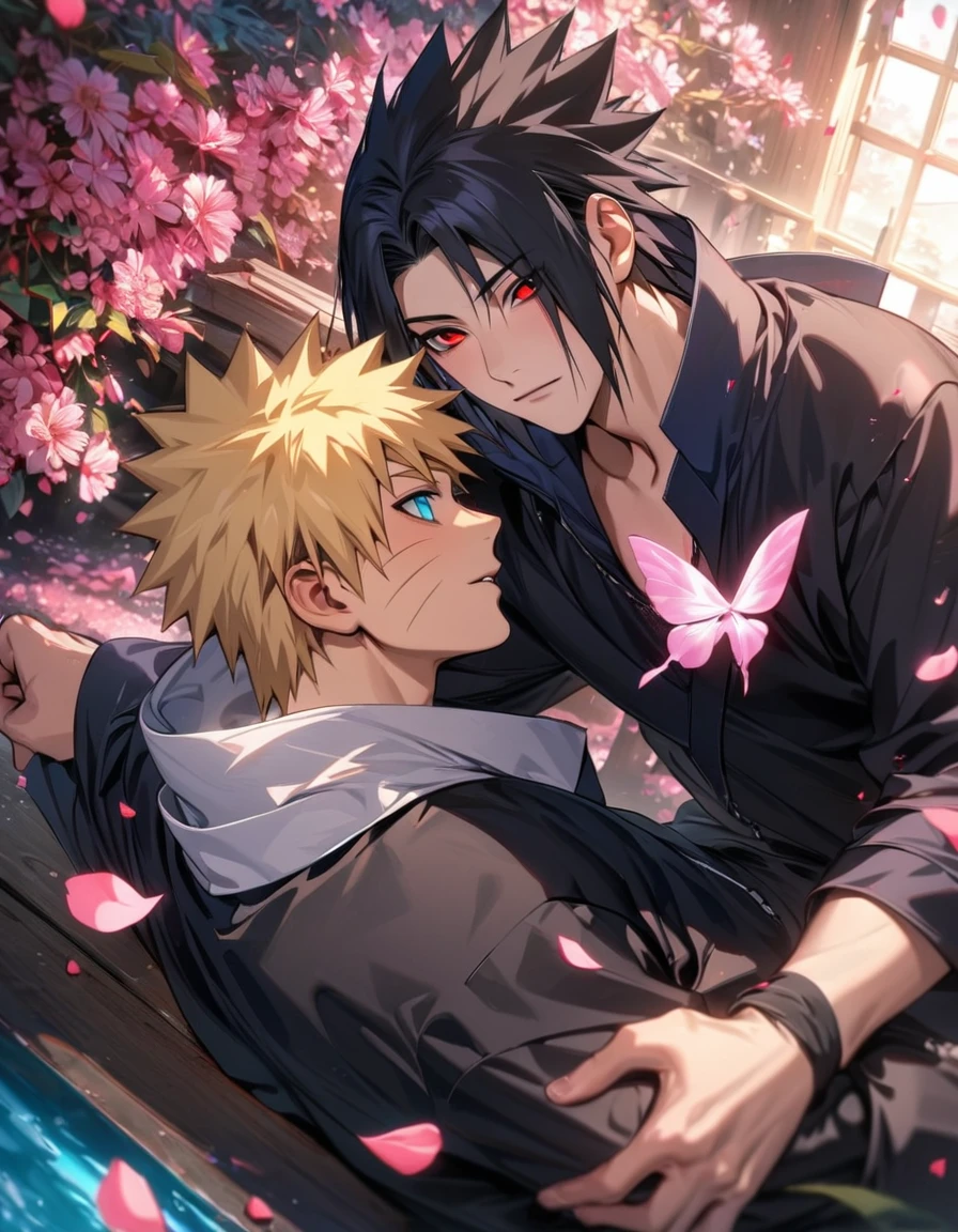 (absurdres, highres, ultra detailed, HDR), master piece, best quality, Uchiha Sasuke, black hair, vibrant red eyes, Naruto Shippuden, Uzumaki Naruto, blond hair, vibrant turquoise eyes, 2men together, gay, handsome, pink flowers, pink butterflies, pink petals