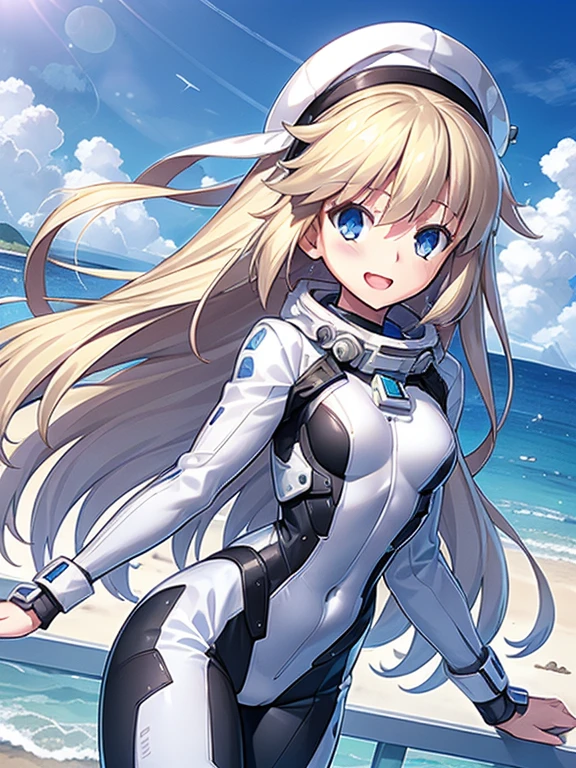 1 girl, alone, chest, looking at the viewer, blush, smile, long hair, bangs, large chest, blonde long hair, long sleeve, blue eyes, headphone,beret,:d, body suit, b space, white body suit, blue sky,Ocean,summer,Wind:1.3,, space suit break 