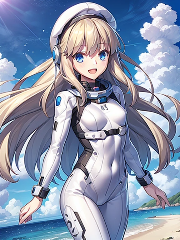1 girl, alone, chest, looking at the viewer, blush, smile, long hair, bangs, large chest, blonde long hair, long sleeve, blue eyes, headphone,beret,:d, body suit, b space, white body suit, blue sky,Ocean,summer,Wind:1.3,, space suit break