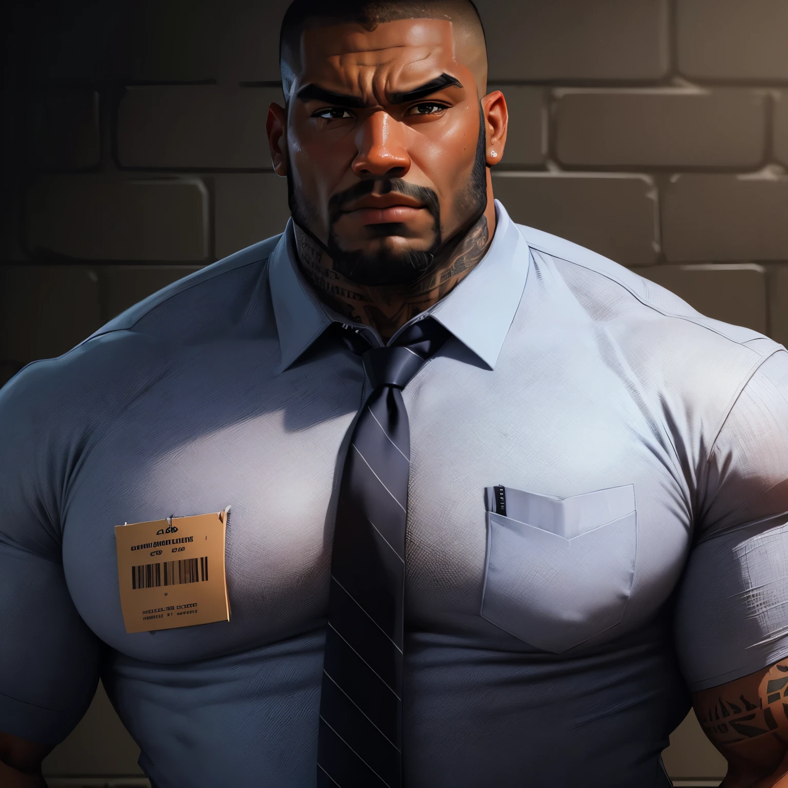 an exaggeratedly muscular and large bodyguard, beefy build, beard, dark-skinned african american male, buzzcut hair with square line, (wearing tatted navy casual business shirt and tie: 1.2), name tag, (bara pecs: 1.3), (arm and chest hair: 1.1), close-up portrait HD, (dark grungy prison cell: 1.1)