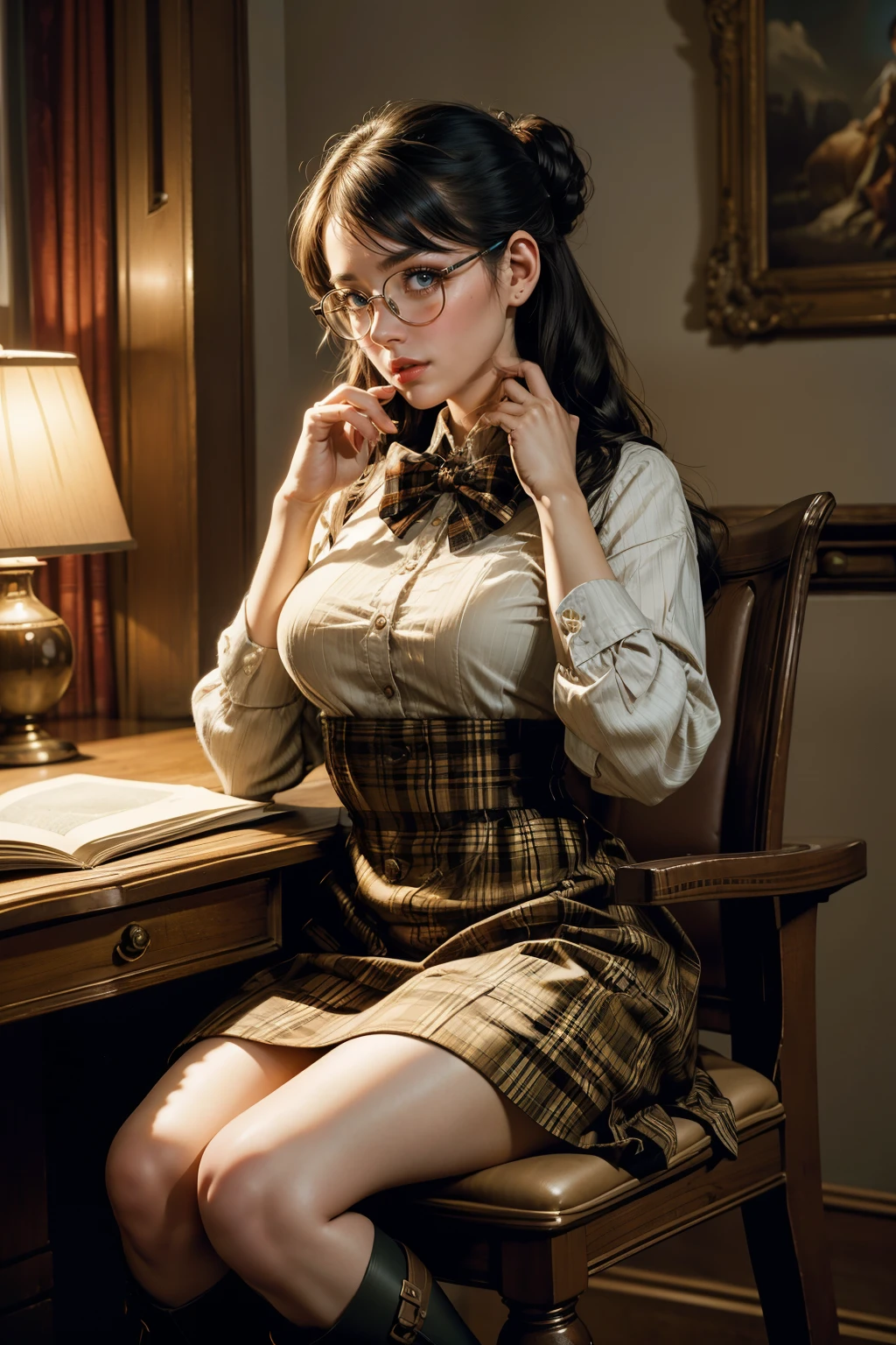 There is a woman elegantly seated at a desk, engrossed in a captivating book. The room is filled with the faint glow of pin art adorning the walls, each piece in the comic pin style reminiscent of the works of Artgerm and Gil Elvgren. The woman, portrayed as a girl pin, wears the uniform of a hyperrealist , complete with plaid skirt and knee-high waders. Her librarian glasses rest on the tip of her nose as she delves deeper into her literature. The details of her pin-crafted pin-striped dress and intricately designed hairpins are meticulously rendered in ultra-fine detail, capt