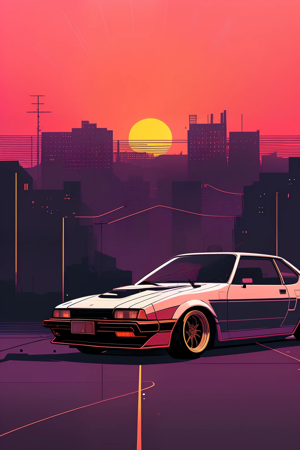 (nvinkpunk:1.2) (snthwve style:0.8) Toyota ae86, lightwave, sunset, intricate, highly detailed