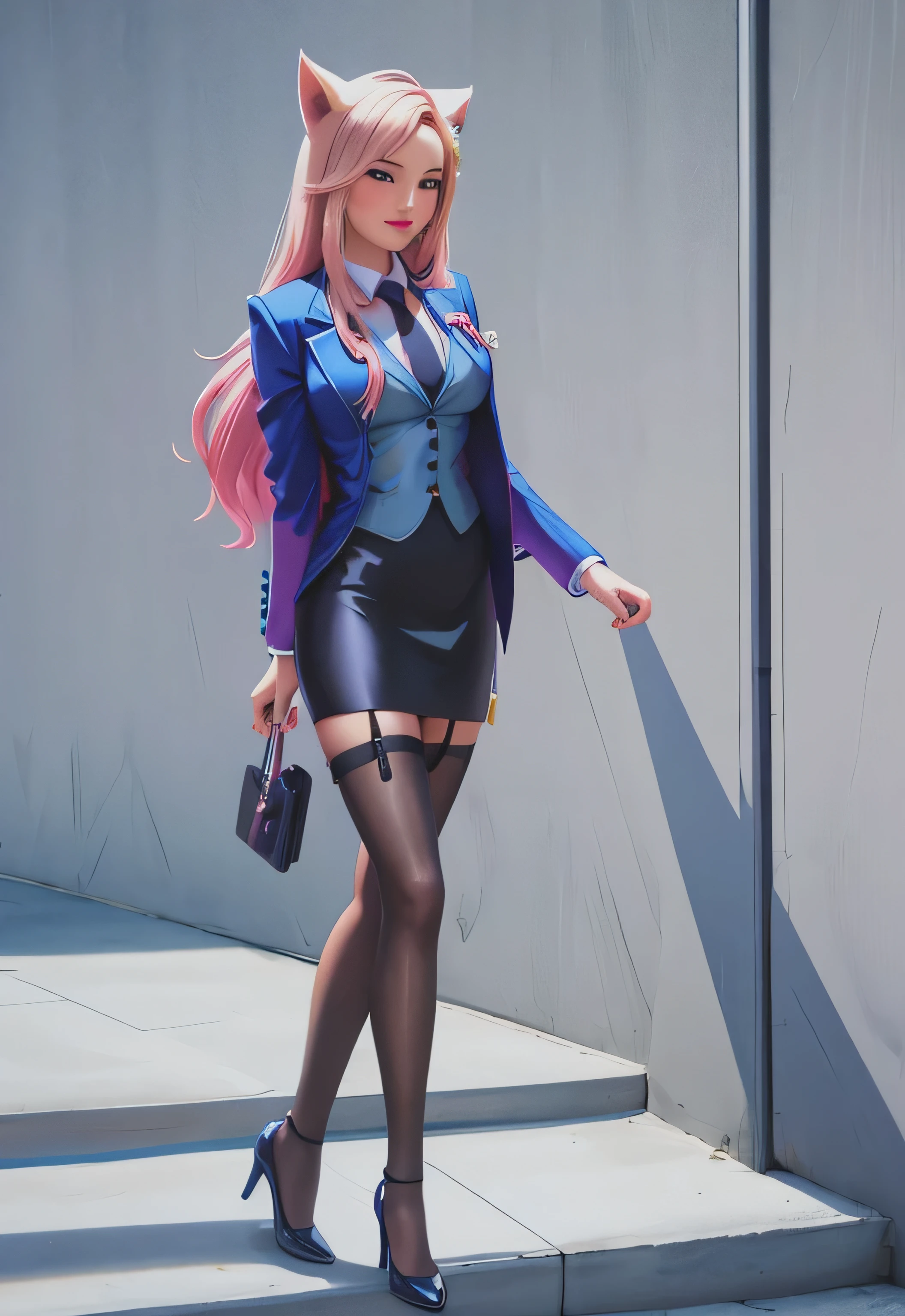 kda_ahri, smirk, sitting,  ((skirt suit)), suit and tie, (((three-piece suit))), silk dress shirt, shirt and tie, (((necktie))), ((blazer)), ((suit jacket)) ((waistcoat)), ((bodycon miniskirt)), (((pencil skirt))), pantyhose, tights, stockings, tie clip, pocket square, tailored suit, (((cufflinks))),