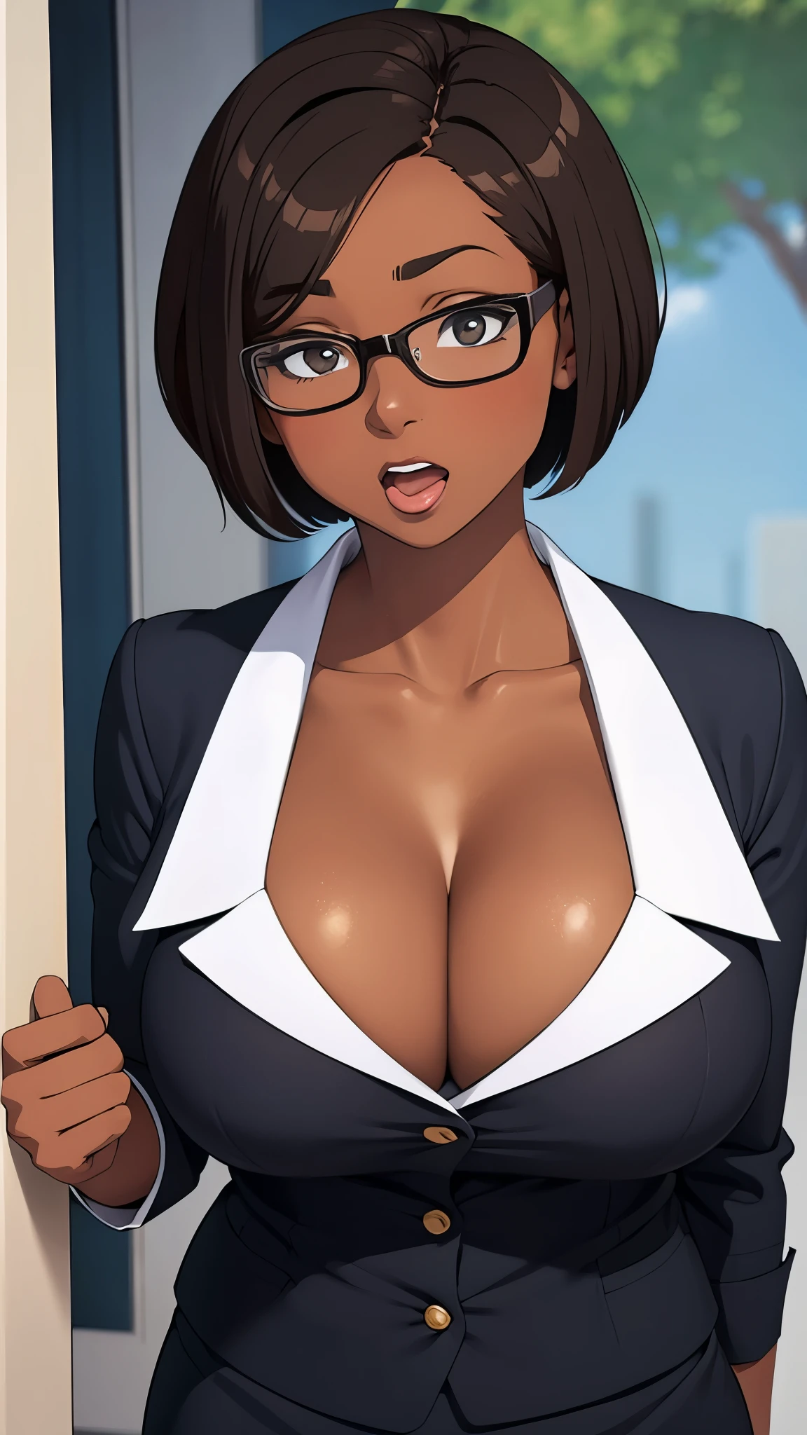 Solo, female, woman, dark skin, big glossy lips, dark brown hair, short hair, big glasses, office uniform, cleavage, surprised, open mouth