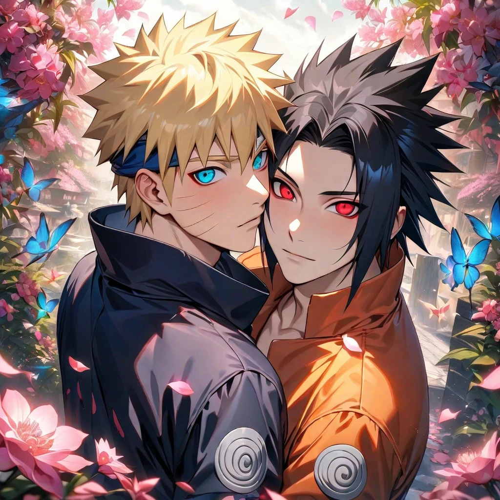 (absurdres, highres, ultra detailed, HDR), master piece, best quality, Uchiha Sasuke, black hair, vibrant red eyes, Naruto Shippuden, Uzumaki Naruto, blond hair, vibrant turquoise eyes, 2men together, gay, handsome, pink flowers, pink butterflies, pink petals