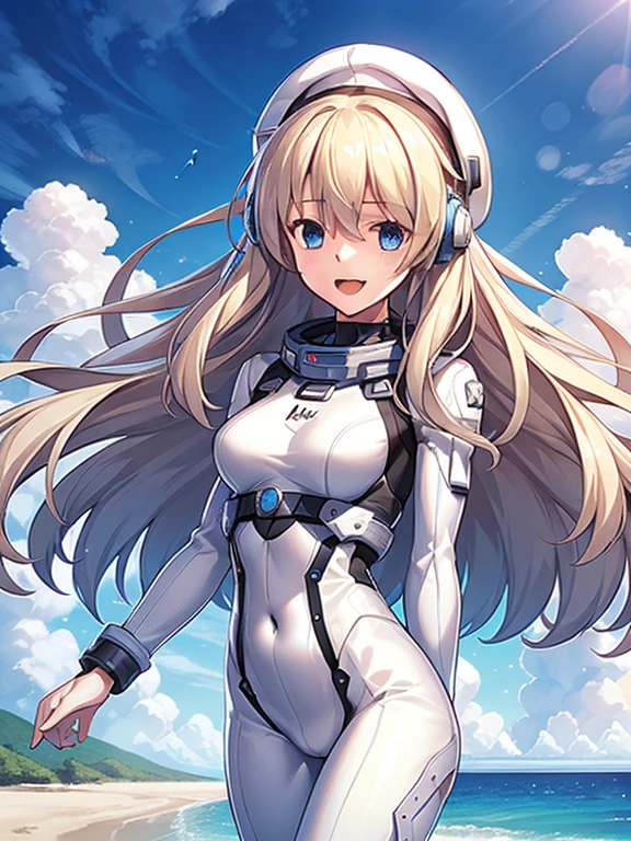 1 girl, alone, chest, looking at the viewer, blush, smile, long hair, bangs, large chest, blonde long hair, long sleeve, blue eyes, headphone,beret,:d, body suit, b space, white body suit, blue sky,Ocean,summer,Wind:1.3,, space suit break 