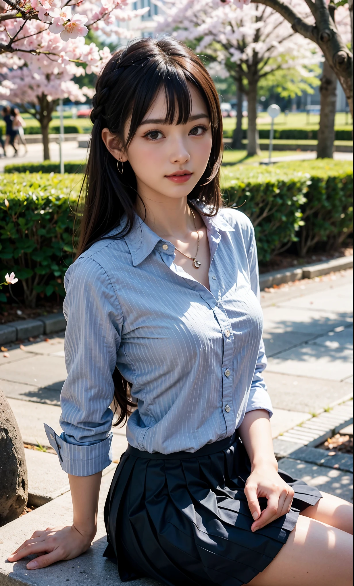 Best quality, Top Quality, Ultra High Resolution, Masterpiece UHD, Unparalleled Masterpiece, Realistic, Ultra Realistic 8K, High resolution, High-resolution quality, Vivid and dynamic, Sun light, Make the subject stand out, professional lighting, Realistic lighting, finely detailed beautiful face, 20 years old, adult female, one person, shiny skin, tanglistening skin, Japanese, BREAK((Dutch braid),(Ash hair)),((hanging bangs:1.4)),toned body, sitting, upper body,necklace, small_earrings,BREAK((looking at viewer)),(grin:0.5), (happy:0.9), blush, thigh, knees, Sky Blue,((White pinstripe shirt:1.3),BREAK((lattice pattern pleated skirt:1.3)), evening,BREAK(spring Thema:1.4), sunny, dazzling, sun,BREAK((Sitting on a White long bench in a park with cherry blossoms in full bloom)),BREAK(Cherry blossom branch in front of woman:1.4),lens flare,BREAK(Focus on the cherry blossom branch:1.3)