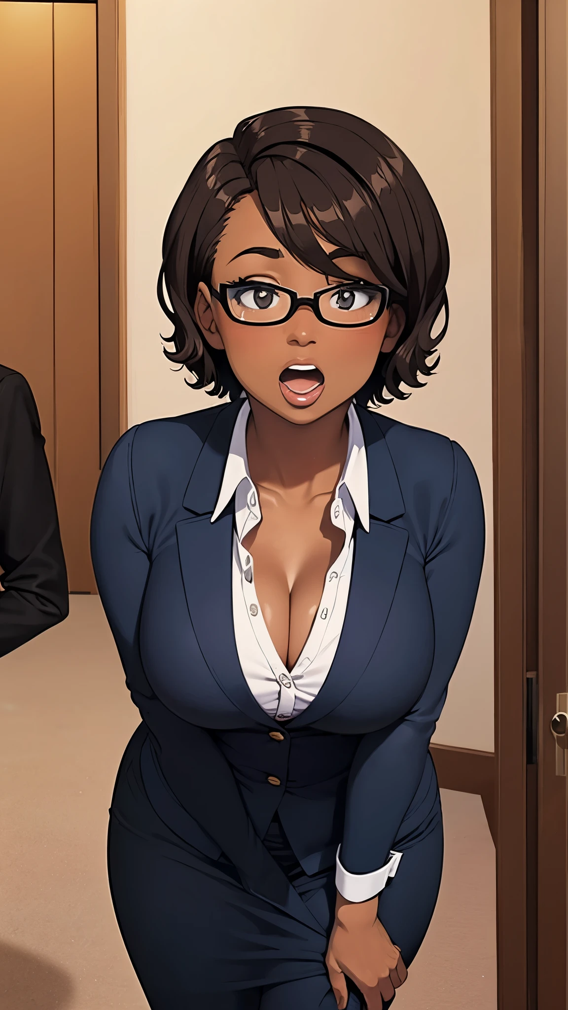 Solo, female, woman, dark skin, big glossy lips, dark brown hair, short hair, big glasses, office uniform, cleavage, surprised, open mouth