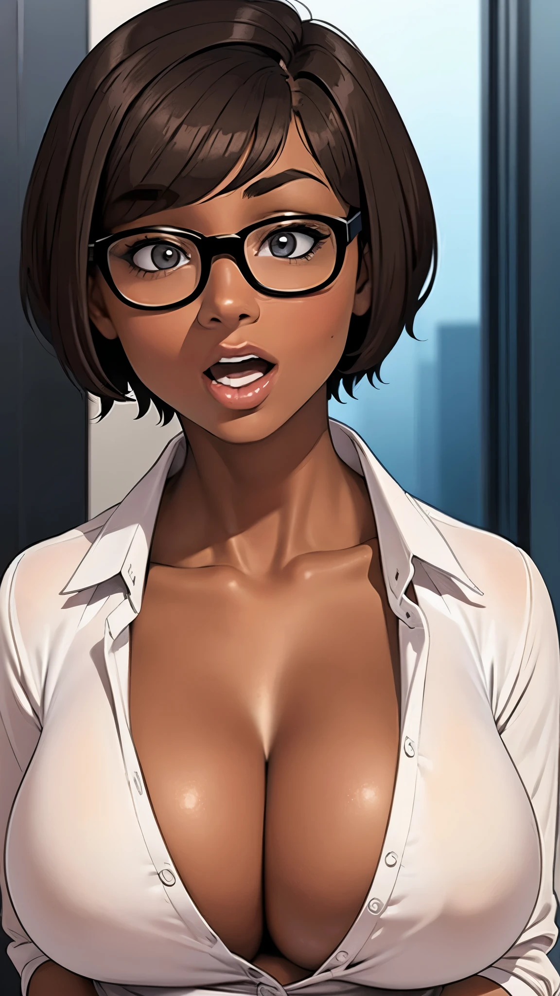 Solo, female, woman, dark skin, big glossy lips, dark brown hair, short hair, big glasses, office uniform, cleavage, surprised, open mouth