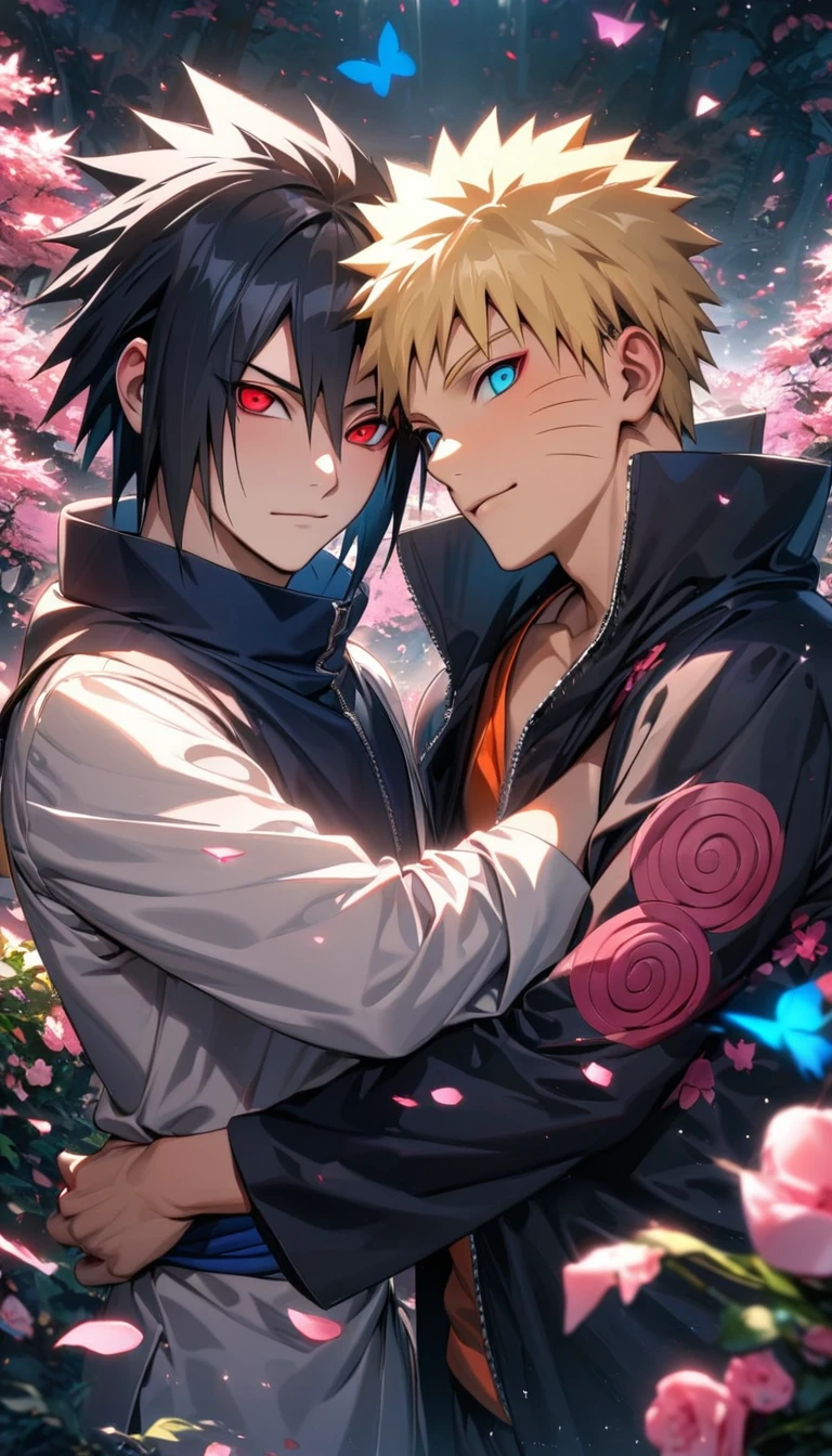 (absurdres, highres, ultra detailed, HDR), master piece, best quality, Uchiha Sasuke, black hair, vibrant red eyes, Naruto Shippuden, Uzumaki Naruto, blond hair, vibrant turquoise eyes, 2men together, gay, handsome, pink flowers, pink butterflies, pink petals