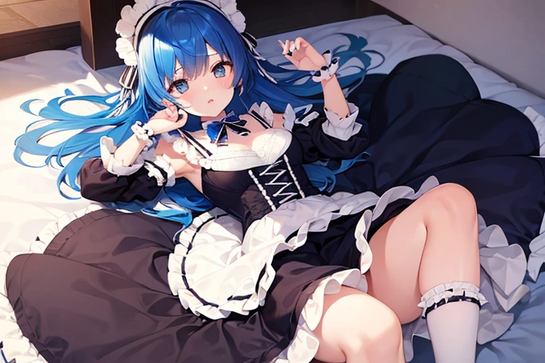 Girl with blue hair wearing a Lolita outfit