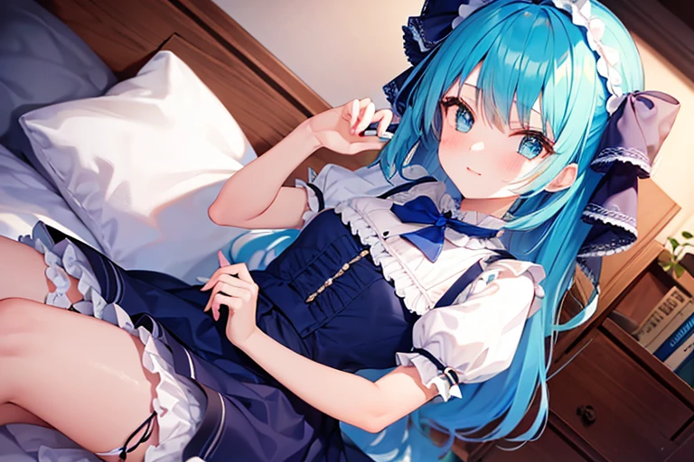 nsfw,((One man and one woman,Having sex)),Riding on top of a naked man,On all fours,liselotte, blue hair, blue eyes,hair bow, capelet, corset, long skirt, bowtie,Open Mouth Smile,Simple Background