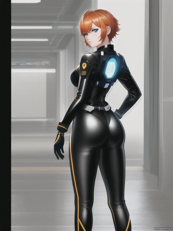 1girl, Sexy Experienced Cyberpunk Agent, short orange hair, blue eyes, (Wearing: futuristic black tight jumpsuit, utility belt, boots), light skin, natural makeup, athletic body,(looking from behind), (back shot), (ass focus),full-length, super face detail, Very detailed, 8k, game color correction, (HDR, UHD, k, best quality, RAW photo, best quality, masterpiece: 1.5), UHD, hd, k, hyperrealism, full-body detail, high detailed, digital painting, trending on artstation, HD quality