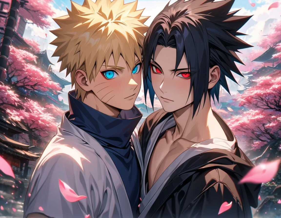 (absurdres, highres, ultra detailed, HDR), master piece, best quality, Uchiha Sasuke, black hair, vibrant red eyes, Naruto Shippuden, Uzumaki Naruto, blond hair, vibrant turquoise eyes, 2men together, gay, handsome, pink flowers, pink butterflies, pink petals