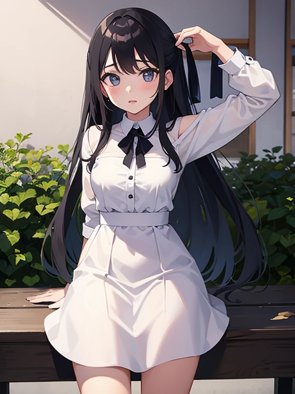 Masterpiece、Highest quality、highest quality、Black Hair、(((Lori)))、 ((Petite))、Shiny hair quality、Small face、Sitting、Super detailed, beautiful, wide eyes、Ultra-detailed, clear and beautiful faces、(cute illustration:1.2), High-resolution, ultra-detailed, best quality, embarrassed 