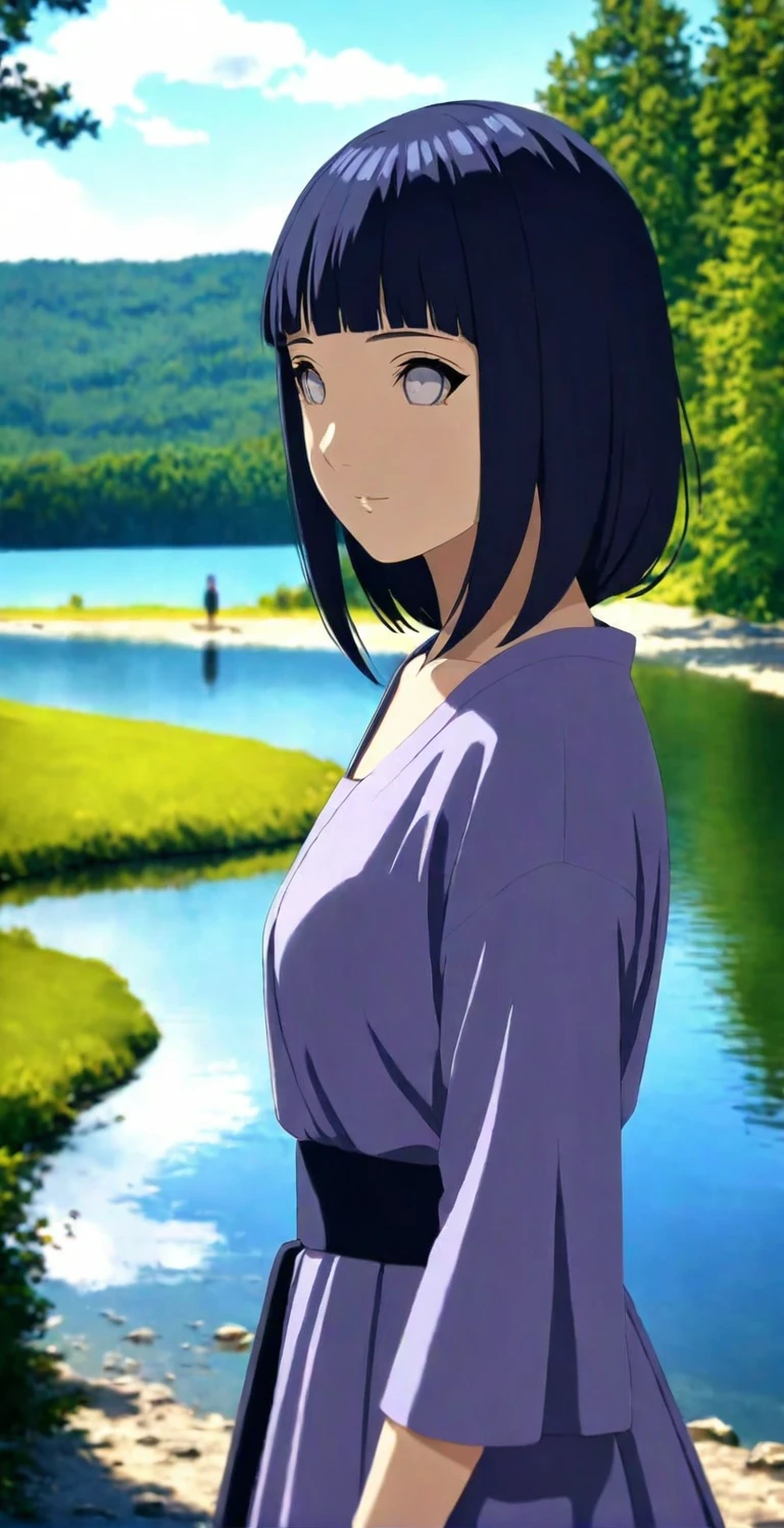 close-up from side, (adult-Hinata) walk next to lake, [enchanting, surreal, studio lighting, HDR, UHD, K]