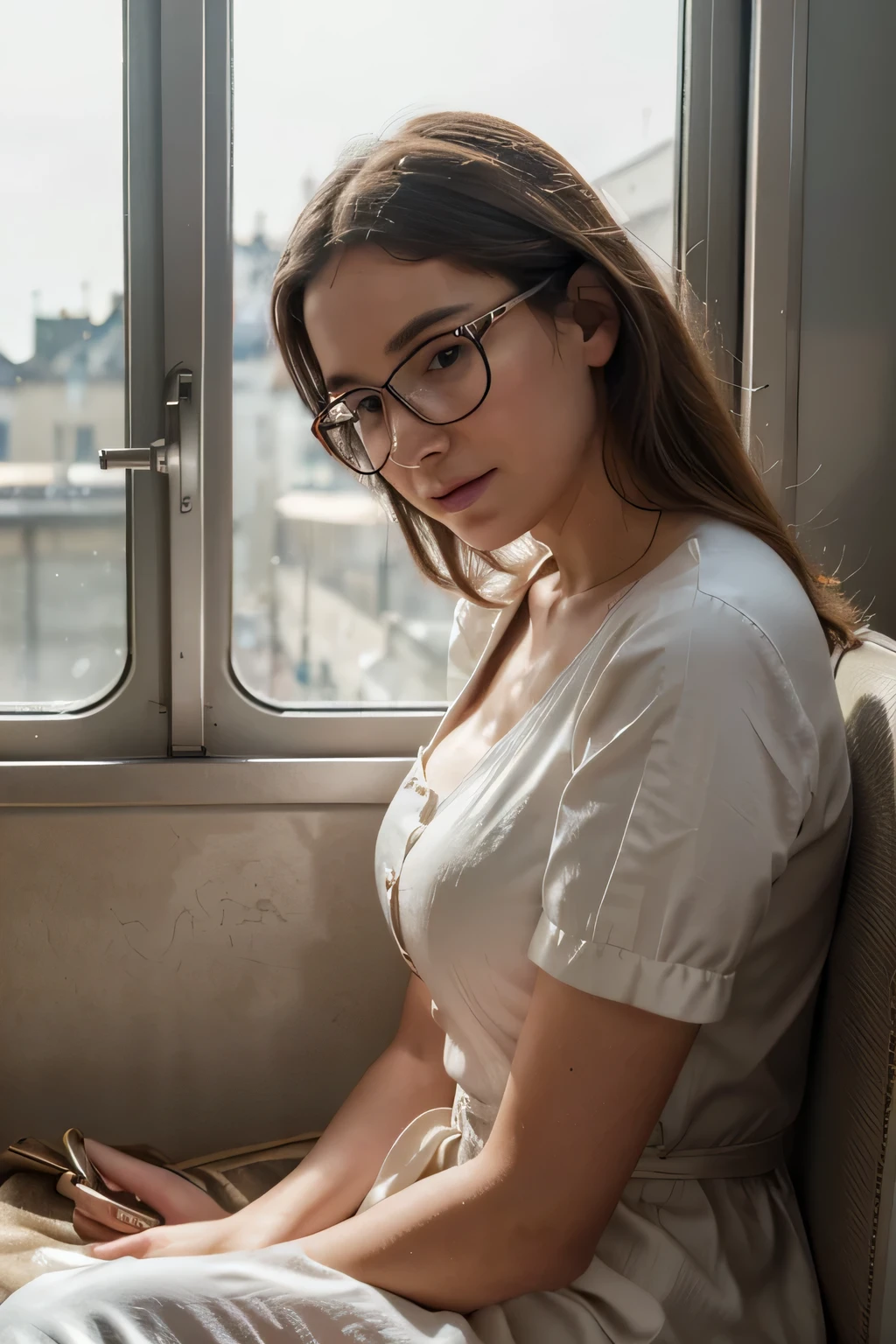 (best quality, Ultra detailed, nombre d&#39;or, chef-d&#39;artwork:1.2), Theater lighting:0.7, photo d&#39;une femme, dressed in&#39;A very elegant and pretty dress, Visage rare et parfait, (peau Very detailede), cheveux teints au hasard, Cache ta bouche avec tes mains、Ridicule, Texture de la peau, pale skin, peau brillante, (mince, grande taille:1.2), [:(Mise au point nette sur un visage rare, yeux parfaits:1.2):0.2], photorealistic, grain de film, Mettez un pied en avant、d&#39;en bas regardant vers le haut、regarde la caméra、Mettre l&#39;accent sur les épaules, se concentrer sur le visage、Bas、lunettes、Sourire with les coins de la bouche relevés、Dismissive expression, brume d&#39;summer, couleurs sourdes, couleurs chaudes et sourdes, Photo cinematic portrait of a woman dressed in a striped dress sitting by the window in the early morning, cinematic, (slanty:1.3) (dans un vieux train) ayez l&#39;air prudent, debout sous les projecteurs, nuages de poussière volumétriques, key light, backlight, Soft natural lighting, photographie Grain du film ISO 400 Objectif 30 mm RAW f1.8 ouverture, Very detailed (photographie analogique:1), couleurs hdr