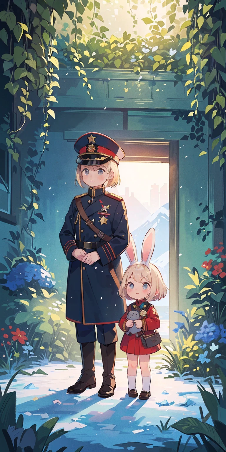 (a girl in a garden, illustration,detailed background,high quality, vibrant colors,warm lighting) (2 female soldiers standing in front, military uniforms, military coats, Soviet style, commissar, female, Frost Star, bunny ears; 1 soldier standing in front, military uniform, military coat, Soviet style, commissar, young, male) (a girl in a garden,illustration,detailed background,high quality, vibrant colors,warm lighting) (two individuals standing in front, wearing military uniforms and military coats in a Soviet style One is a commissar, a female with bunny ears, known as Frost Star The other is a young female commissar) at the observation deck on top of the mountain、You can see the sea and town in the distance