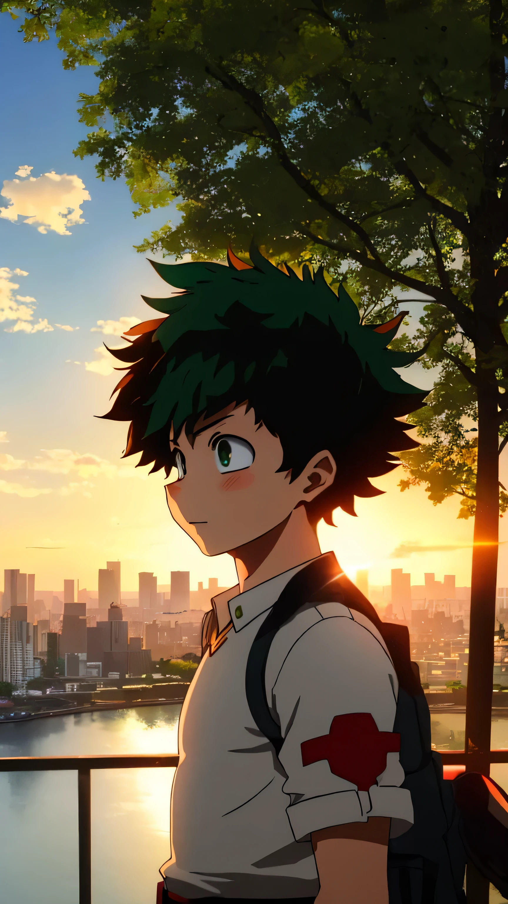 Deku waring his costume standing and looking at the beautiful sunset. The sun is shining bright, beautiful city, there is also some greenery