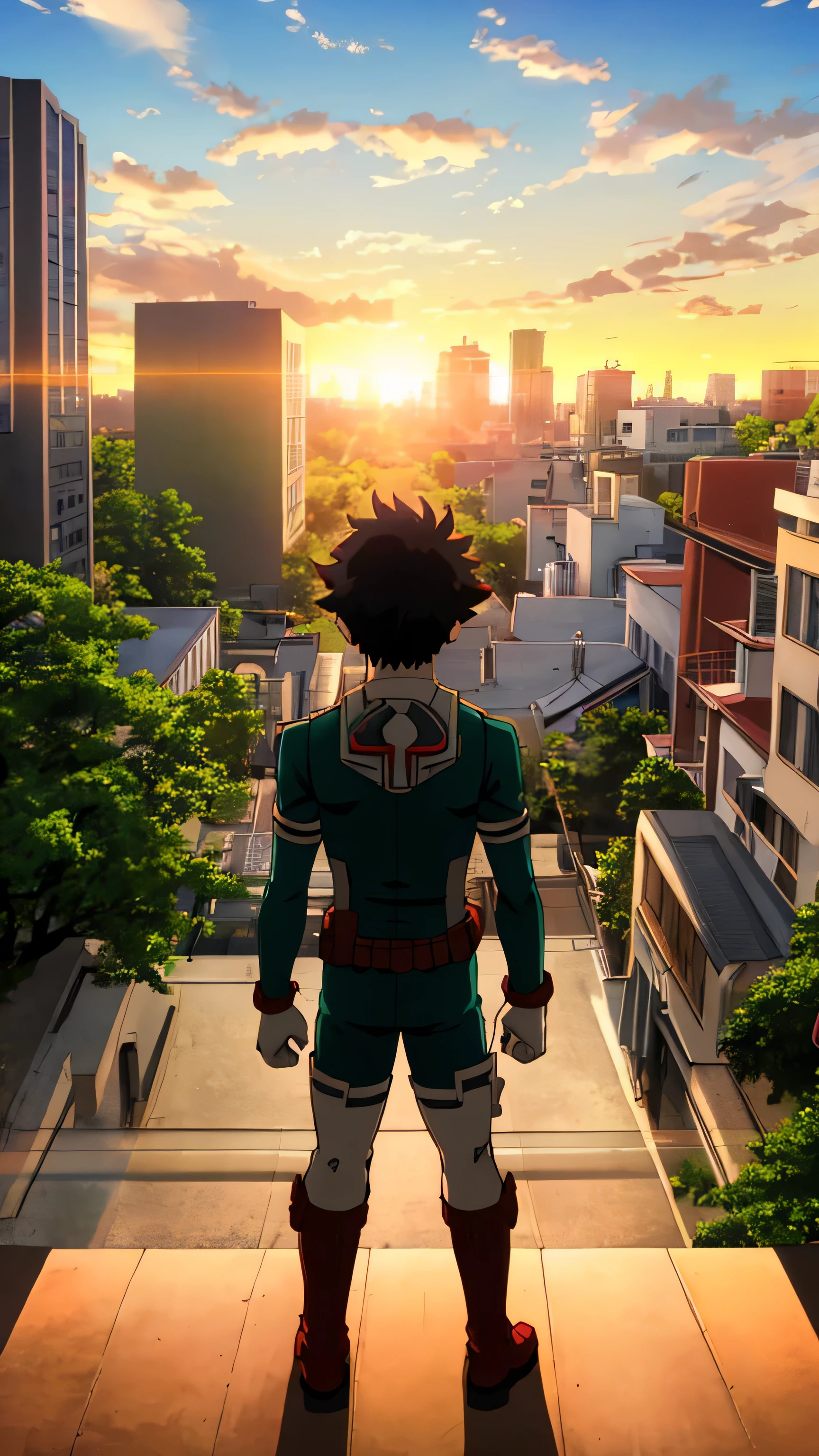 Deku waring his costume standing and looking at the beautiful sunset. The sun is shining bright, beautiful city, there is also some greenery.