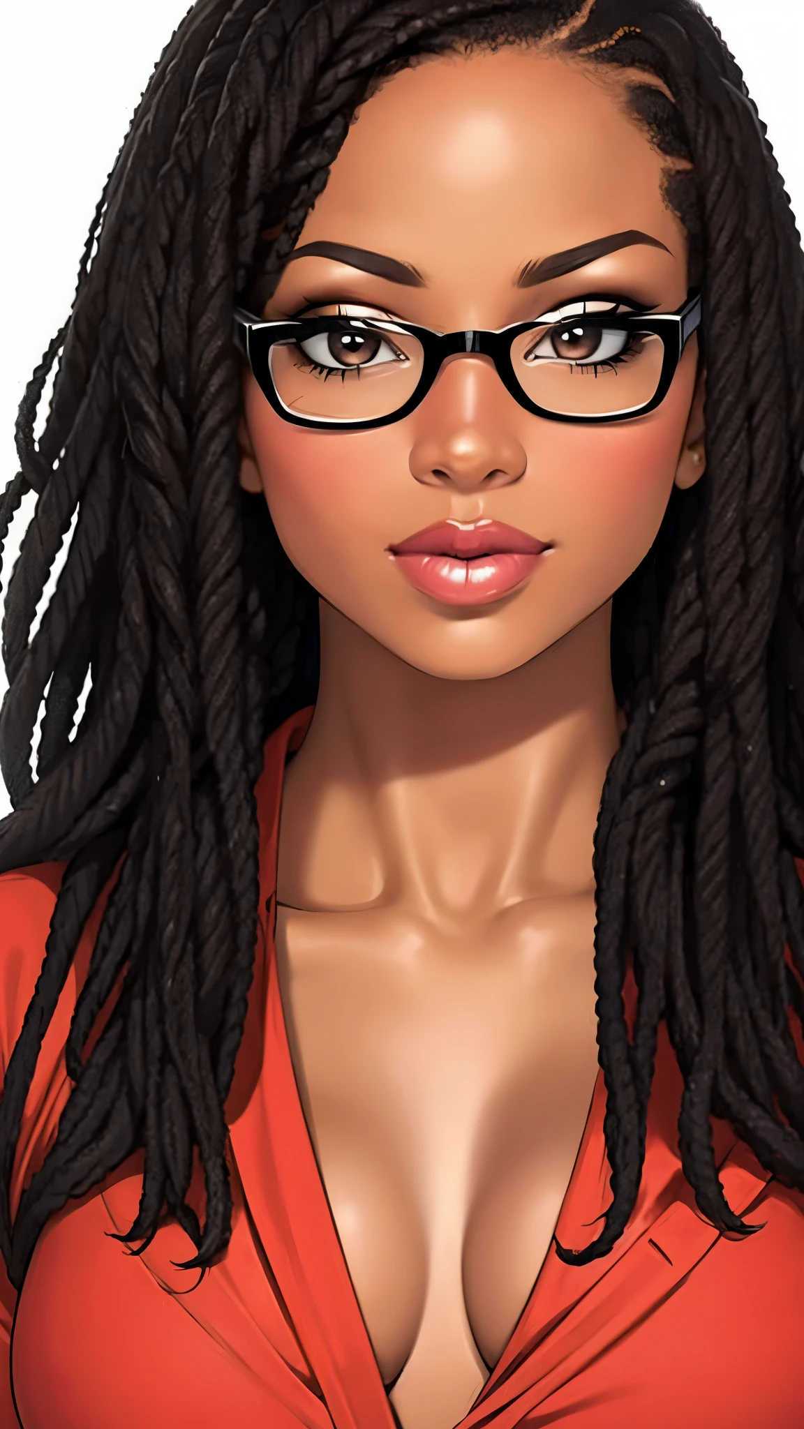 Solo, standing, black woman, office worker, glasses, big glossy lips, ((lip gloss)), eyelashes, eyeliner, dark brown eyes