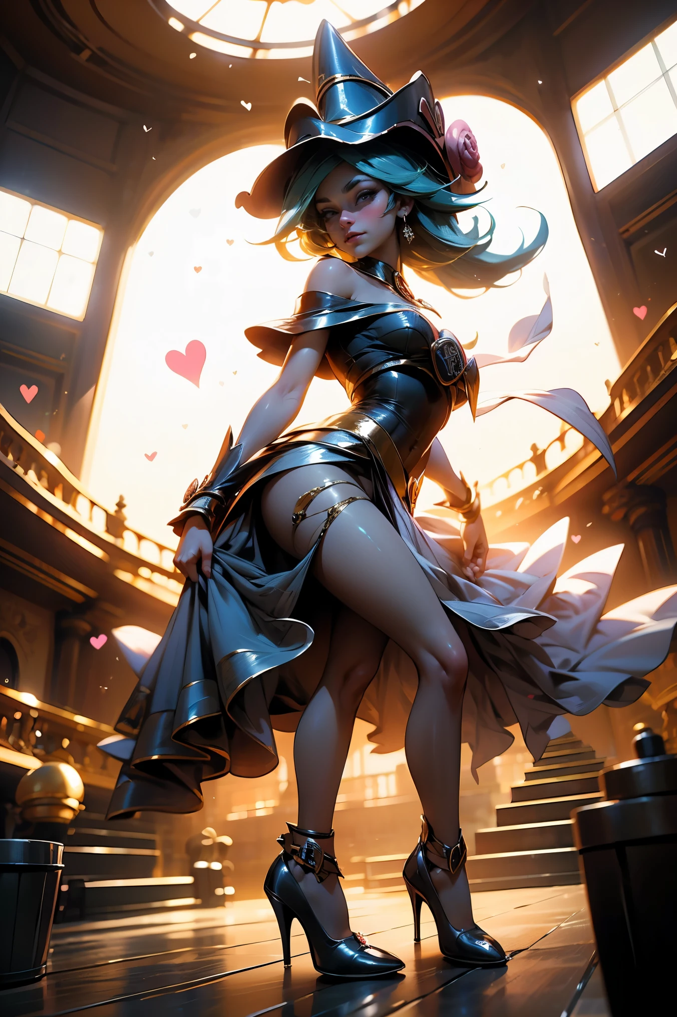 (obra maestra:1.2), (La mejor calidad:1.2), perfect lighting, Chica Maga Oscura lanzando un hechizo, en batalla. flotando en el aire, tetas medianas visibles, escote transparente, bata azul, sombrero grande, desde arriba, Destellos, Yugioh juego, The magic of the heart. LIGHTS OF THE HEART, Romantic heart. Ella usa tacones. Tiene tacones. Usa tacones