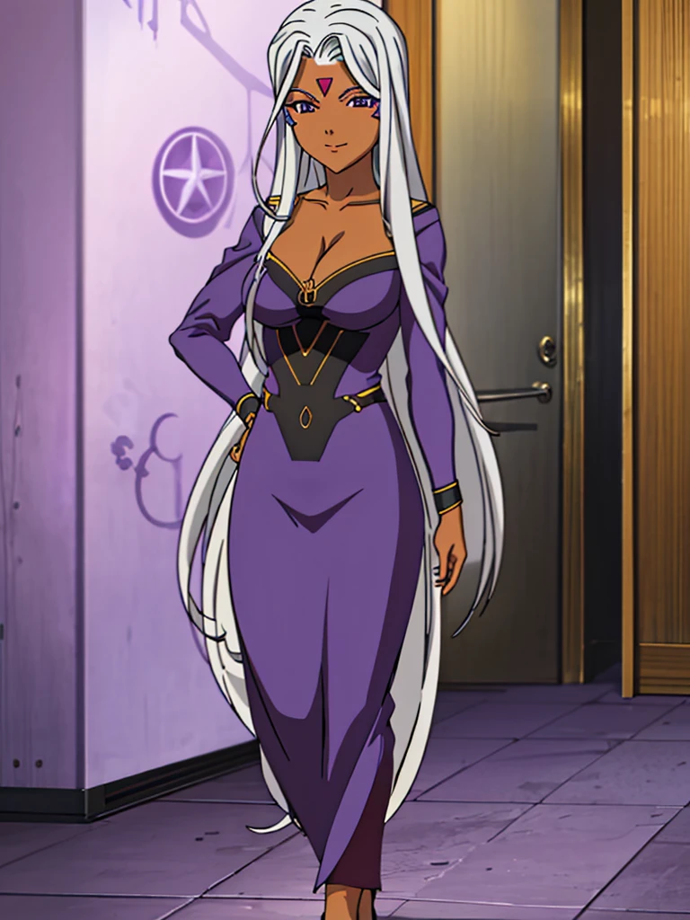 Urd, 1girl, solo, dark skin, purple color eyes, cleavage, smile, goddess outfit, standing, full body, perfect quality, good quality, masterpiece, HDR, UHD